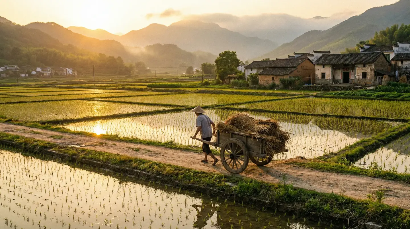 风流岁月之活色生香完整版 - 金色夕阳下的乡村田野，老农推着木车行走在田埂上