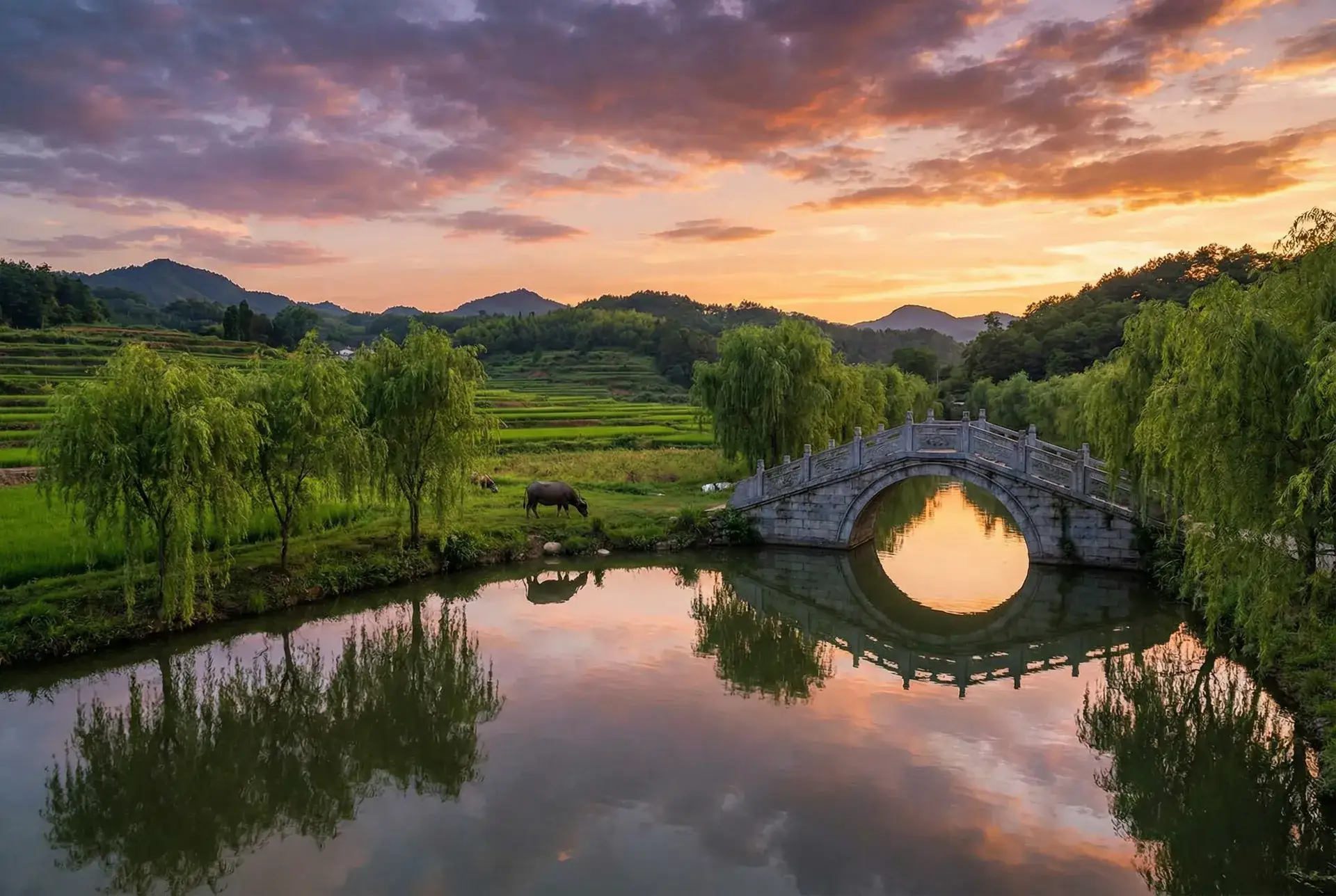 夕阳下的石拱桥与垂柳，水牛在河边吃草 - 风流岁月之活色生香完整版 乡村美景